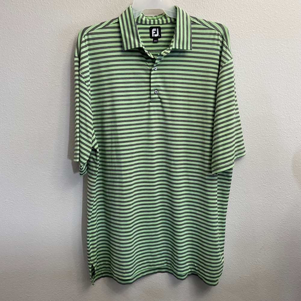FootJoy Mens XXL Lime Green Gray Striped Golf Polo Shirt Stretch Business Casual - Picture 7 of 8
